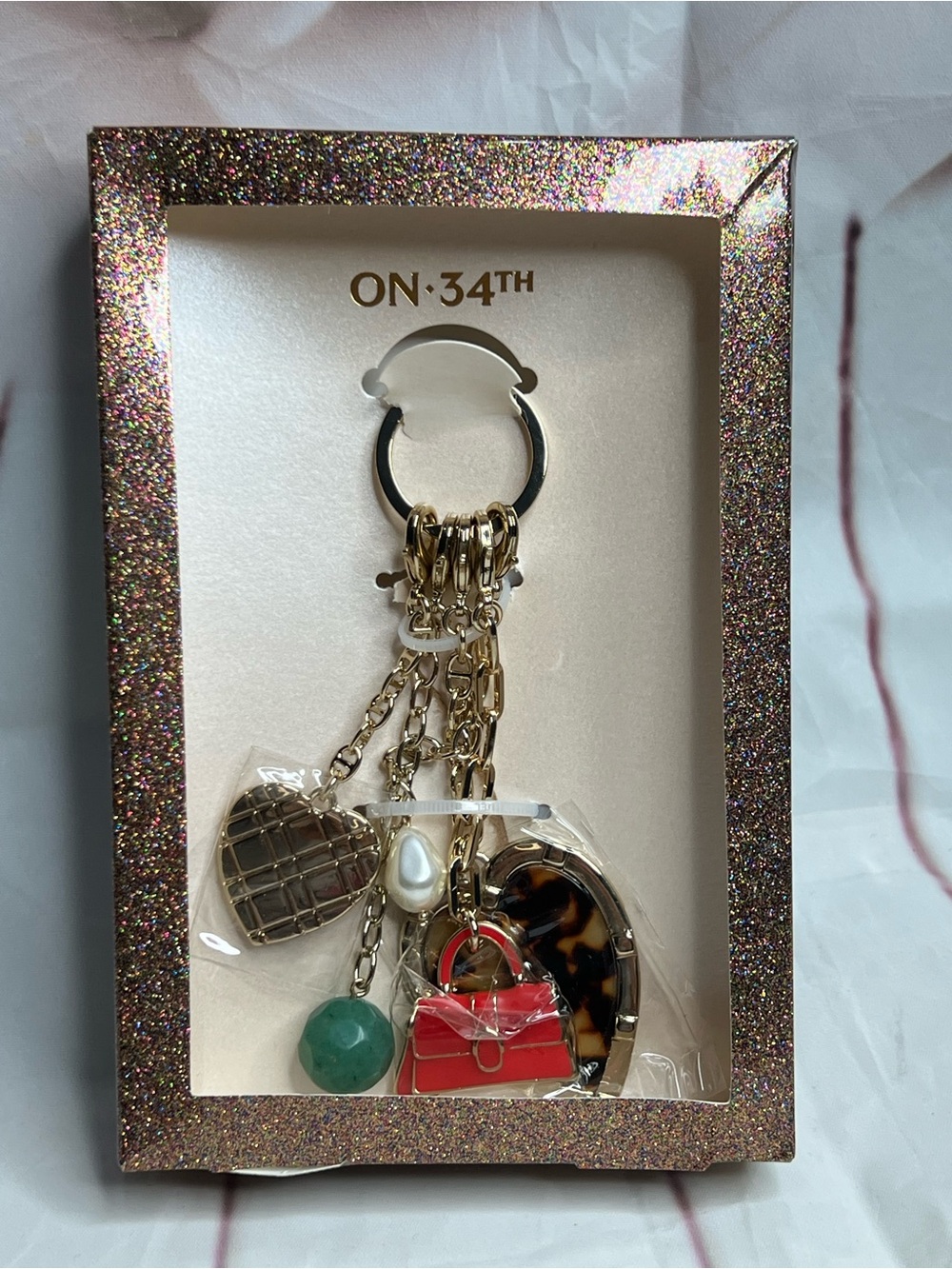 Glitter Heart Key Fob Charm — cheetah and red purse pendant and pearls Sparkle